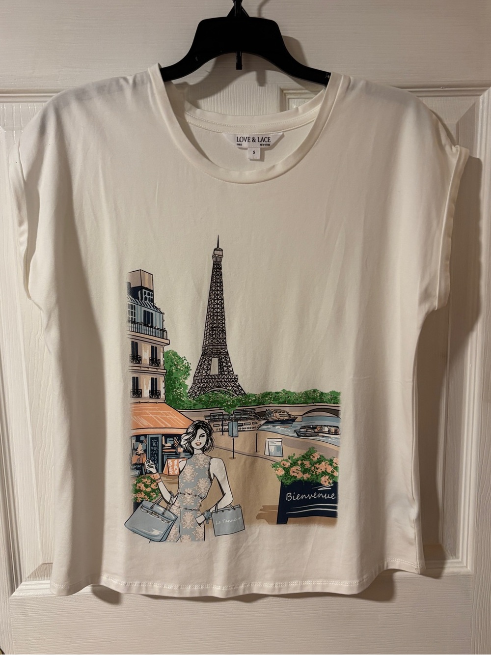 Love & Lace Women's Off-White Paris Graphic Tee with Rhinestone Accents S